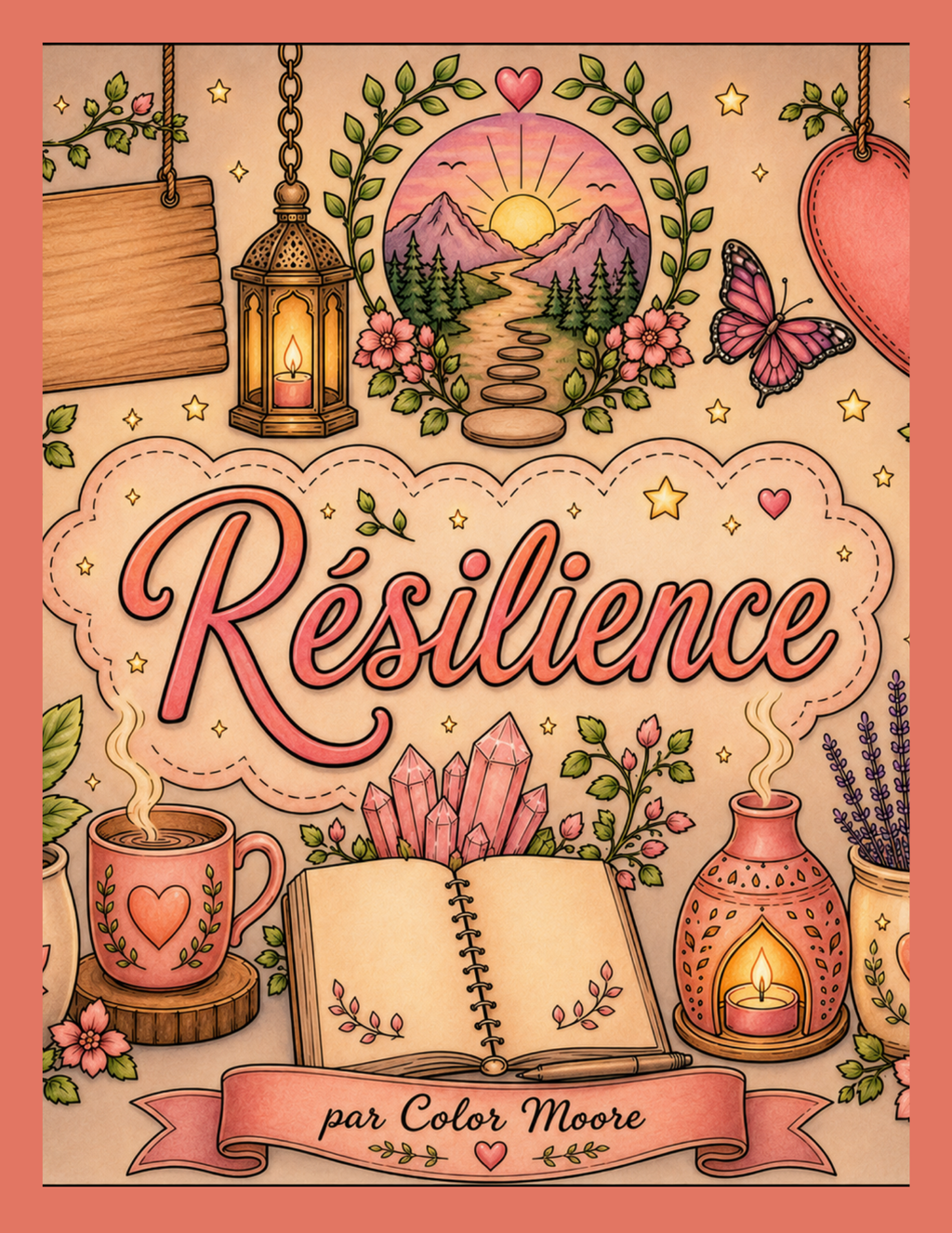 A decorative illustrated book cover or print titled “Résilience” by Color Moore, featuring a warm pastel palette with a lantern, open book, crystals, mug, candle holder, butterfly, mountains, and hanging hearts on a peach background.
