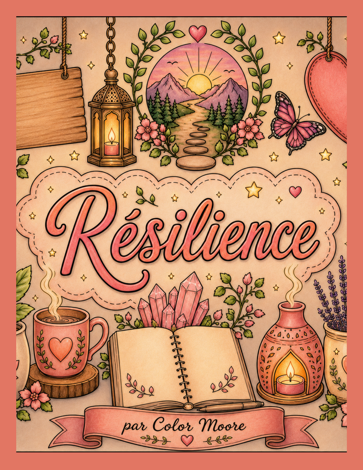 A decorative illustrated book cover or print titled “Résilience” by Color Moore, featuring a warm pastel palette with a lantern, open book, crystals, mug, candle holder, butterfly, mountains, and hanging hearts on a peach background.