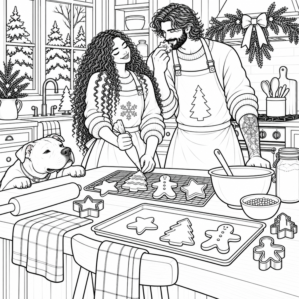 Black and white line art illustration of a cozy holiday kitchen scene with a woman and man in aprons decorating cookies, a dog at the table, and Christmas decorations in the background.
