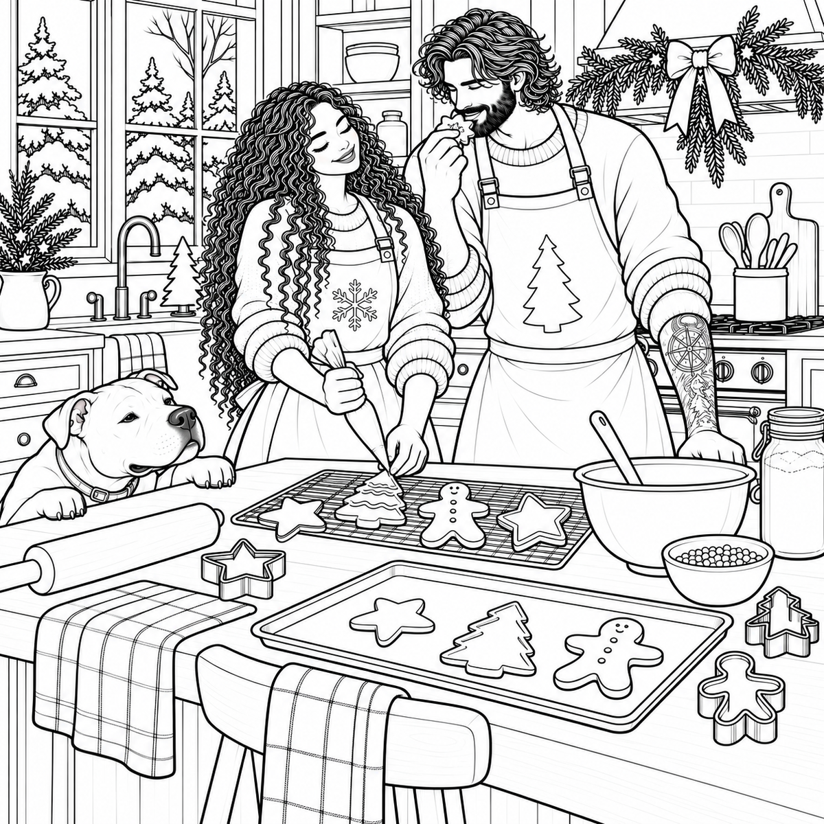 Black and white line art illustration of a cozy holiday kitchen scene with a woman and man in aprons decorating cookies, a dog at the table, and Christmas decorations in the background.