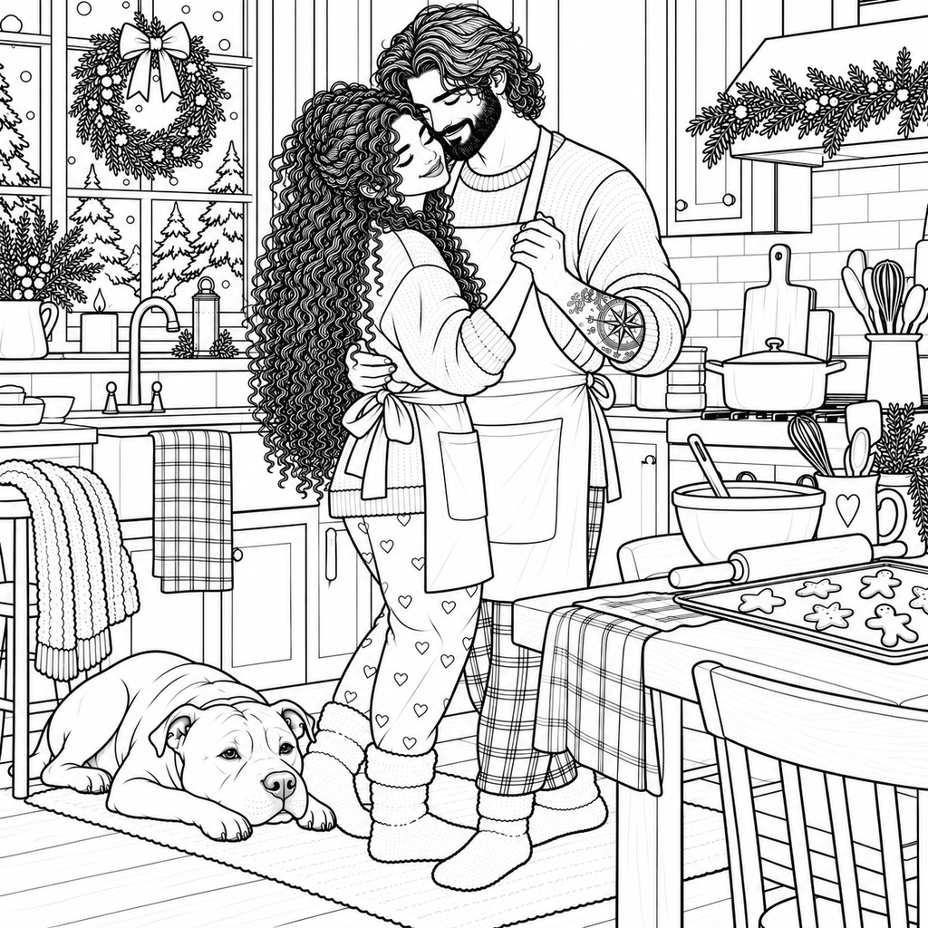 Black and white line art illustration of a couple hugging in a cozy kitchen, with a dog lying on the floor nearby. The scene includes holiday wreaths, a table with baking items, and kitchen cabinets in the background.