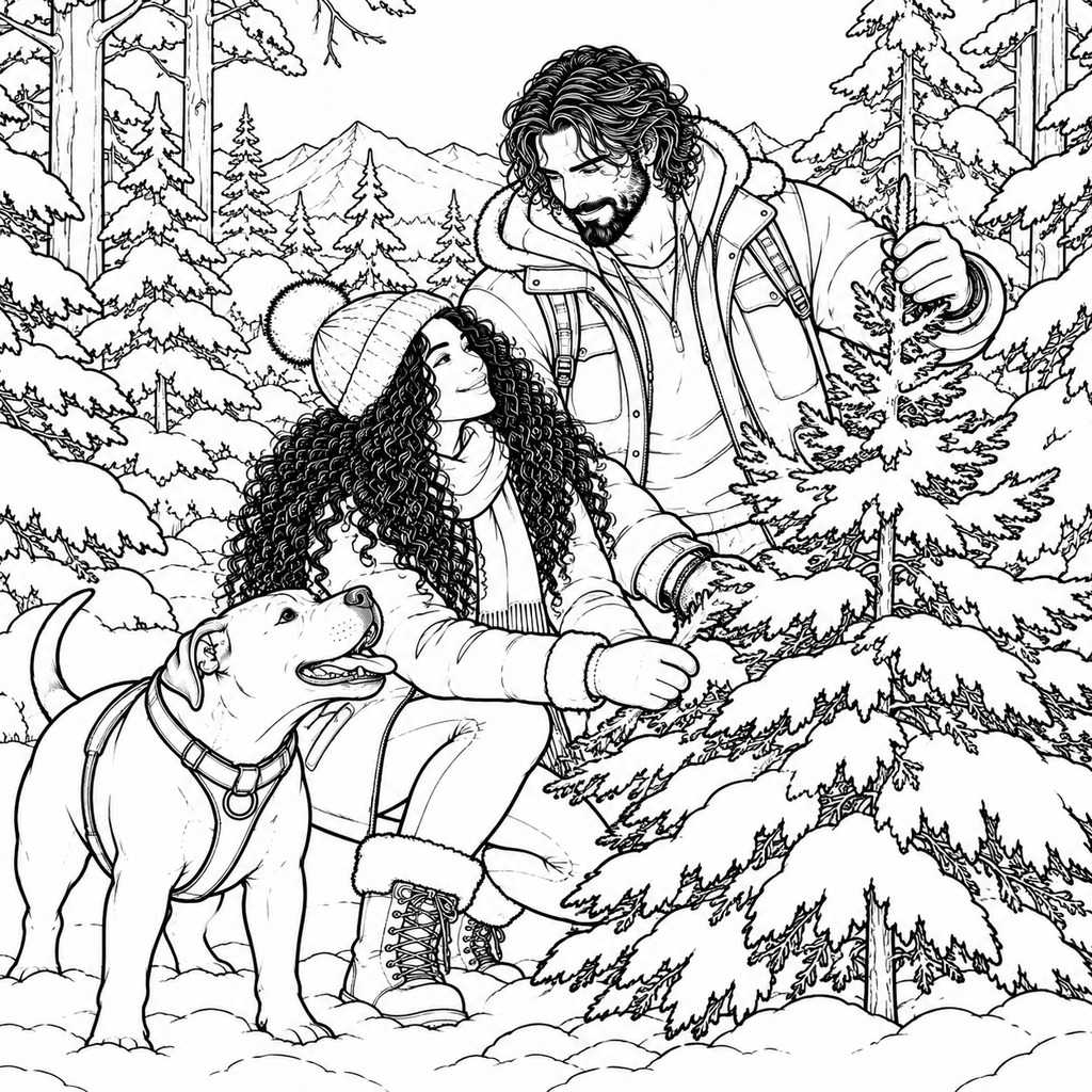 Black and white line art illustration of a couple and their dog in a snowy pine forest, with the woman holding a small Christmas tree.