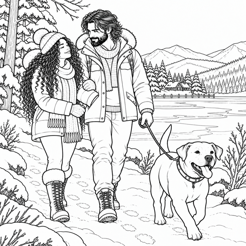 Black and white line art illustration of a couple walking hand in hand with their dog on a snowy path, with mountains and trees in the background.