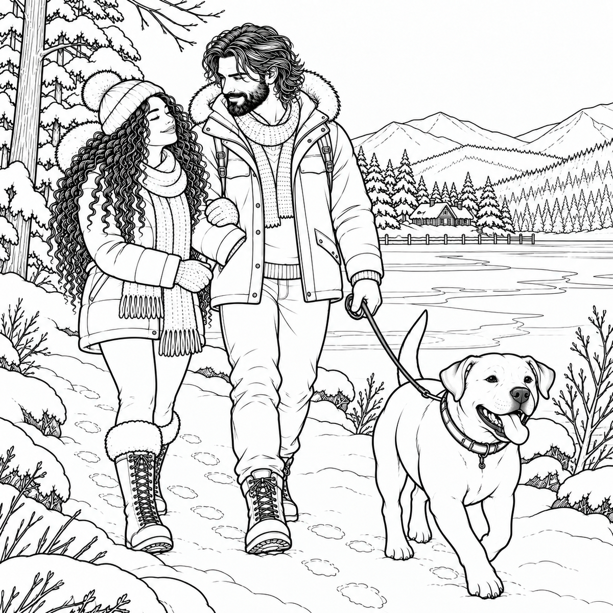 Black and white line art illustration of a couple walking hand in hand with their dog on a snowy path, with mountains and trees in the background.