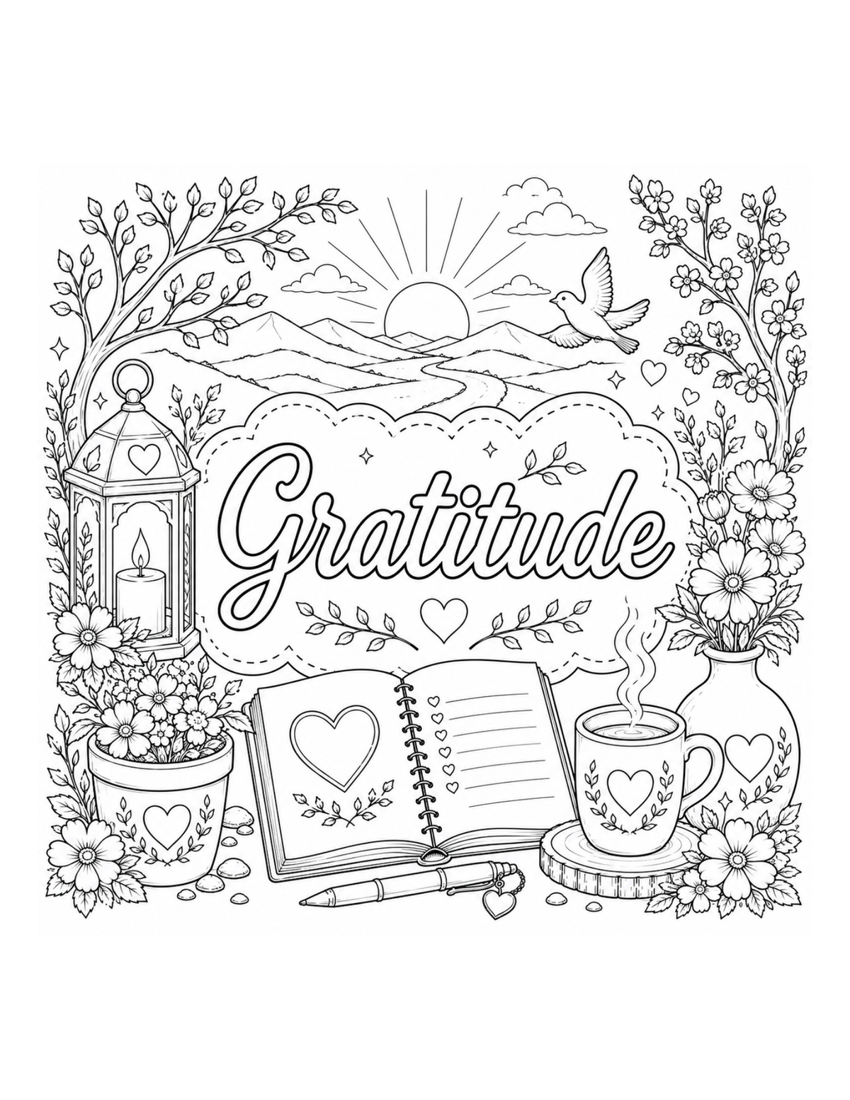 Black and white line art coloring page featuring the word 'Gratitude' in a decorative cloud frame, surrounded by a sun, bird, flowers, a lantern, an open notebook with a heart, a mug, and a pen.