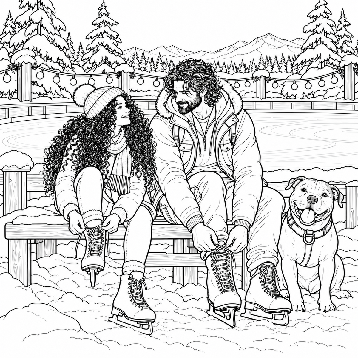 Black and white line art illustration of a couple sitting on a bench at an ice rink, tying their ice skates, with a pitbull-type dog sitting beside them and snowy trees and mountains in the background.