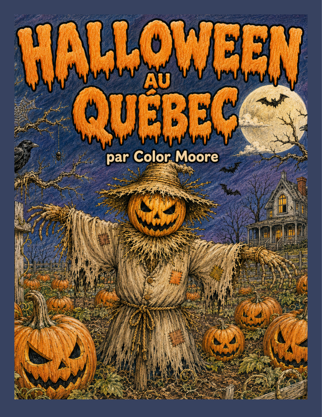 Book cover for 'Halloween au Québec' by Color Moore, featuring a spooky illustrated scene with a scarecrow, jack-o'-lanterns, bats, a full moon, and a haunted house under a dark blue sky.