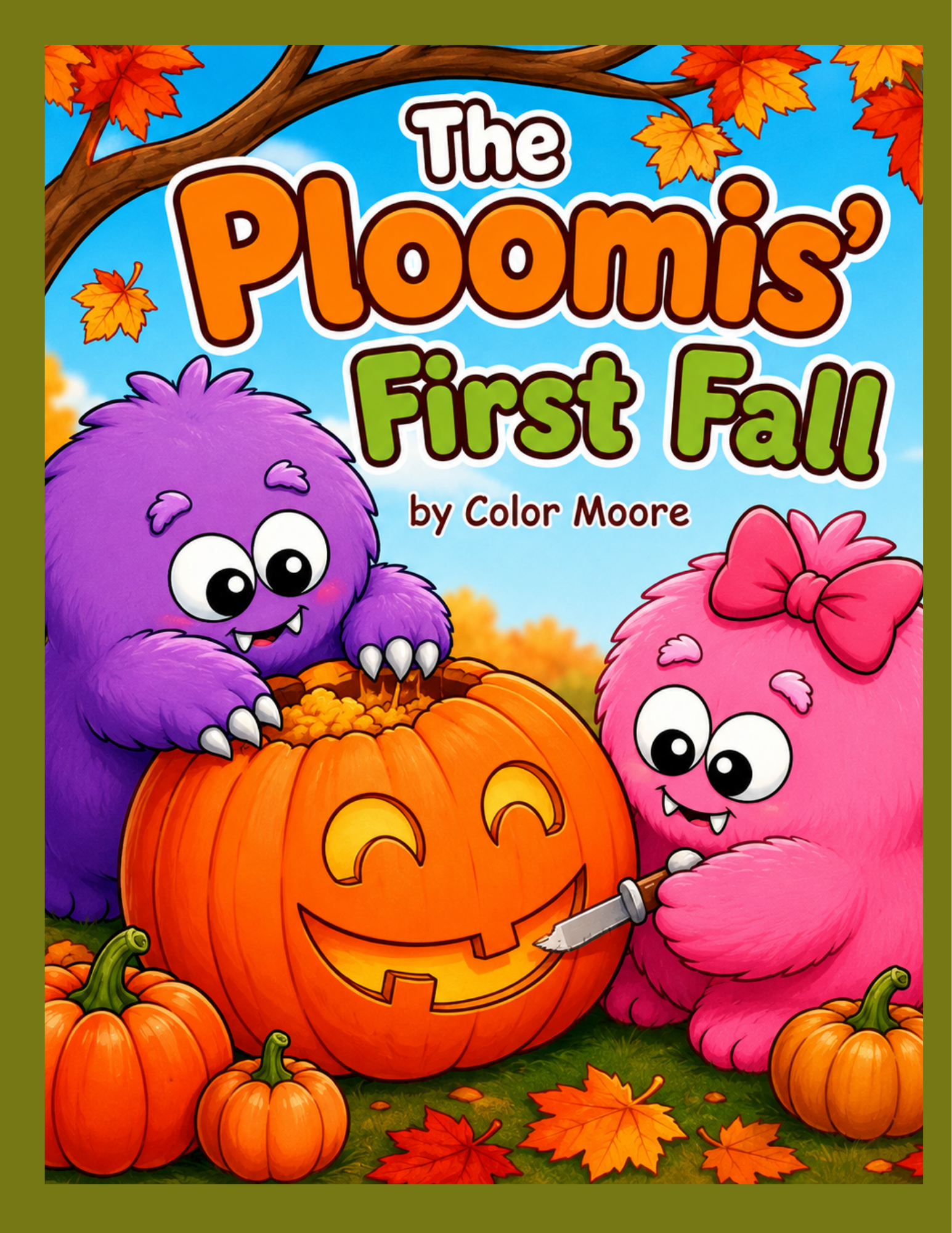 Children's book cover for 'The Ploomis' First Fall' by Color Moore, featuring two colorful monster characters carving a jack-o'-lantern with autumn leaves and pumpkins around them.