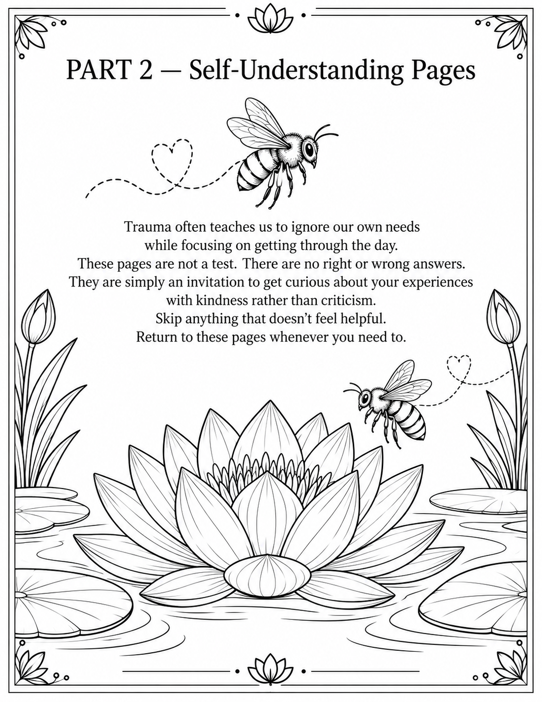 Black and white printable worksheet page titled 'PART 2 — Self-Understanding Pages' with a watercolor lotus pond illustration, bees, lily pads, and a short reflective text about trauma and self-discovery.