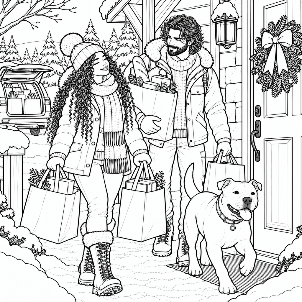 Black and white line art illustration of a couple and their dog walking home from a holiday shopping spree, carrying multiple shopping bags in snowy weather near their front door.
