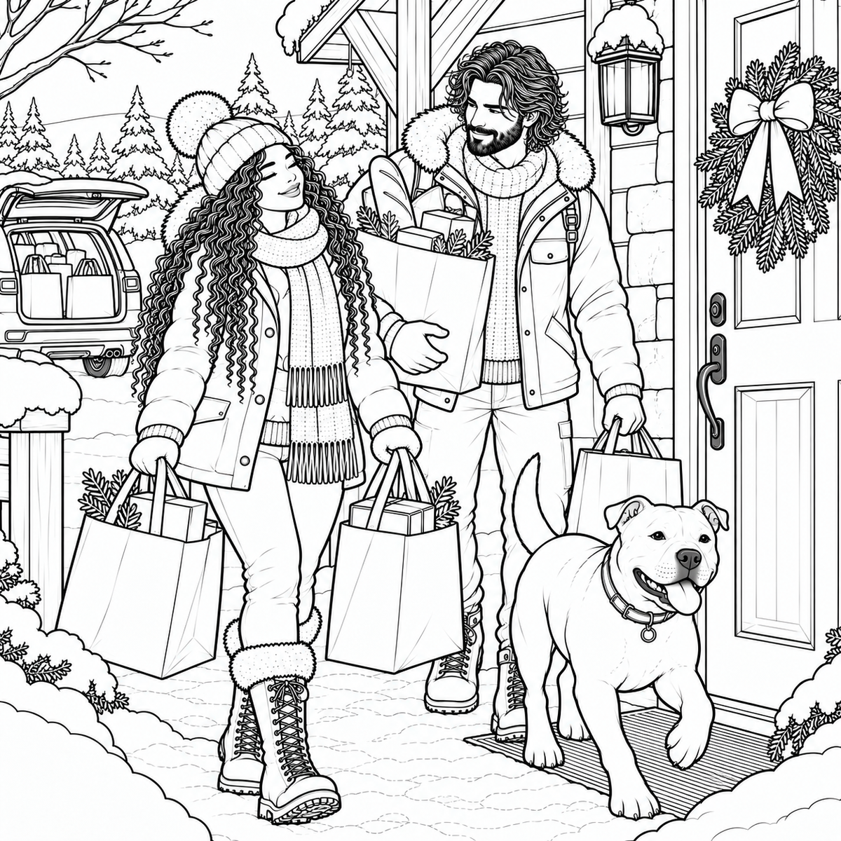 Black and white line art illustration of a couple and their dog walking home from a holiday shopping spree, carrying multiple shopping bags in snowy weather near their front door.