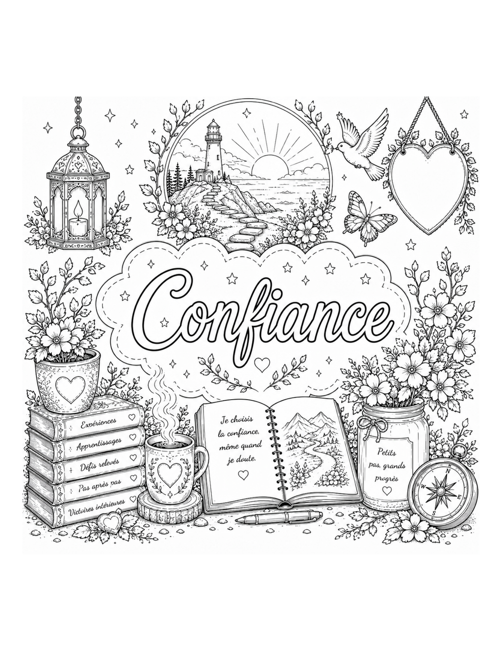 Black and white line art illustration featuring the French word 'Confiance' in a large cloud outline, surrounded by decorative motifs including a lighthouse, flowers, a bird, a lantern, stacked books, an open notebook, a heart mug, a jar, and a compass on a plain white background.