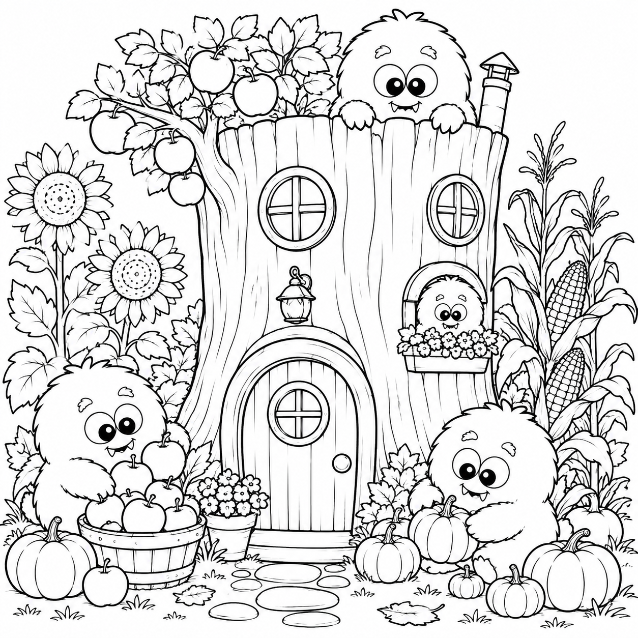 Black and white cartoon illustration of a whimsical treehouse home surrounded by pumpkins, corn, sunflowers, and two cute furry creatures, suitable as a coloring page or art print.