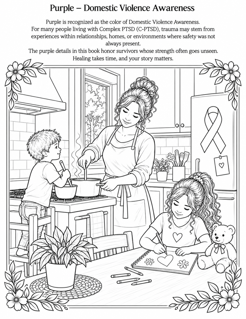 A black and white line art coloring page with the title 'Purple - Domestic Violence Awareness' at the top. The page features a line drawing of a woman cooking with two children in a kitchen, surrounded by floral borders and text explaining the importance of purple for domestic violence awareness.