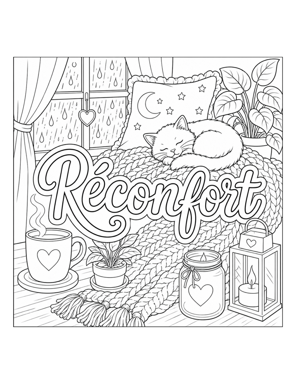 Black and white line art illustration featuring a cozy bedroom scene with a sleeping cat on a knitted blanket, a mug with a heart, plants, a lantern, and the word 'Réconfort' in large script across the center.
