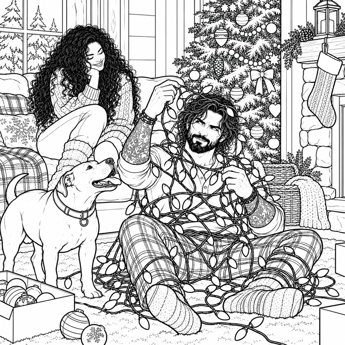 Black and white line art illustration of a cozy Christmas scene, featuring a man tangled in Christmas lights on the floor, a woman sitting on a couch in the background, and a dog in the foreground, with a decorated Christmas tree, fireplace, and stockings visible.