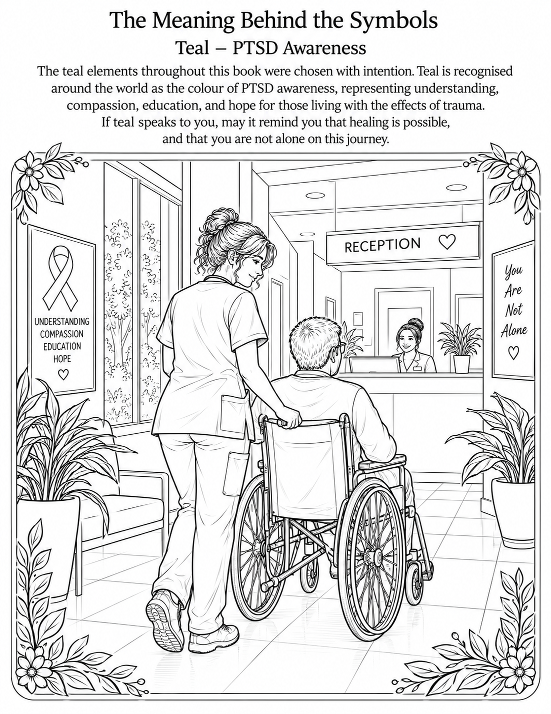 Black and white line art coloring page titled 'The Meaning Behind the Symbols' for PTSD Awareness, featuring a woman pushing a man in a wheelchair past a reception desk in a hospital or support center.