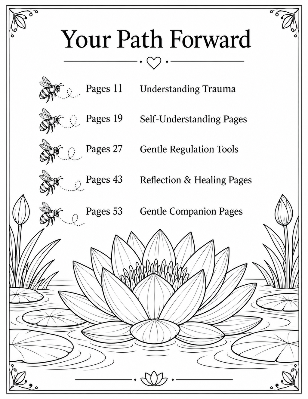 A black and white line art page titled 'Your Path Forward' with a list of page topics and page numbers next to illustrated bees and a large lotus flower in a pond.