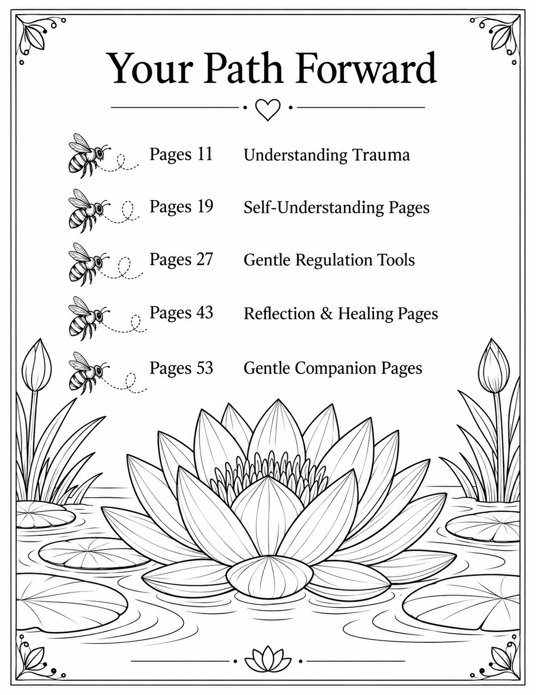 A black and white line art page titled 'Your Path Forward' with a list of page topics and page numbers next to illustrated bees and a large lotus flower in a pond.