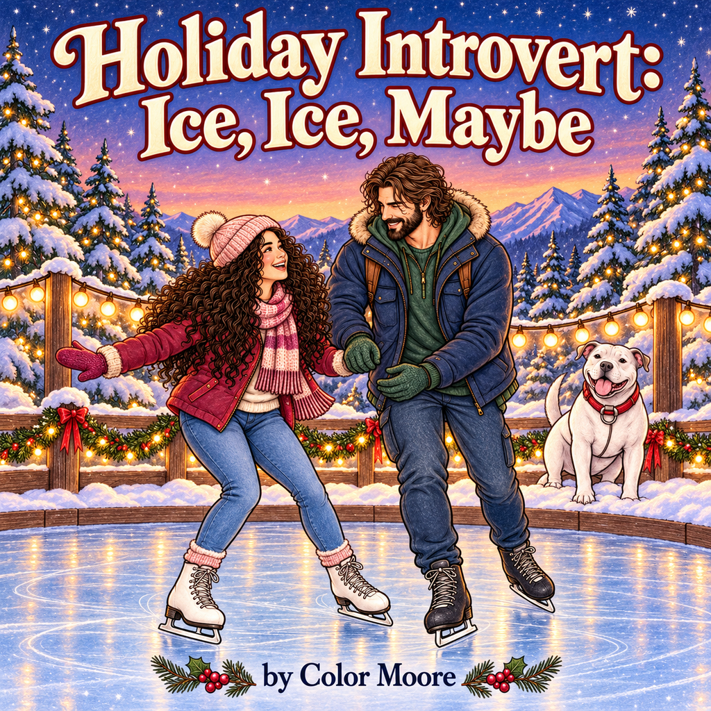 Illustrated book cover for 'Holiday Introvert: Ice, Ice, Maybe' by Color Moore, showing a couple ice skating on a snowy winter lake with decorated trees, mountains, and a dog in the background.