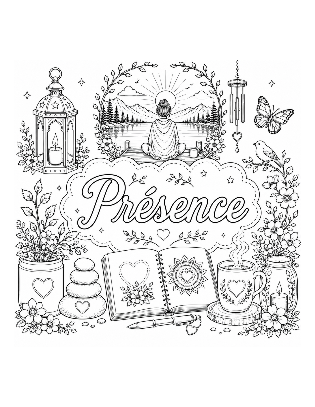 Black and white line art illustration featuring the French word 'Présence' in a decorative cloud frame, surrounded by zen-inspired motifs including a seated meditating figure, mountain lake scene, lantern, wind chime, butterfly, bird, flowers, journal, mug, candle, and stones on a white background.
