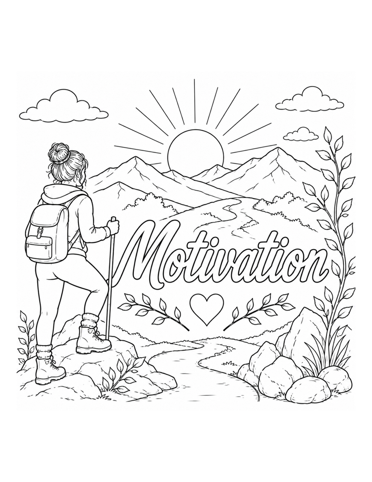 Black and white line art illustration of a woman hiker with a backpack and trekking pole looking at a mountain landscape with the sun, clouds, and the word 'Motivation' in script.