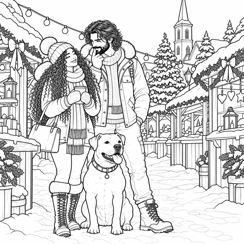 Black and white line art illustration of a couple and their dog standing in a snowy Christmas market street, with decorated stalls, trees, and a church steeple in the background.