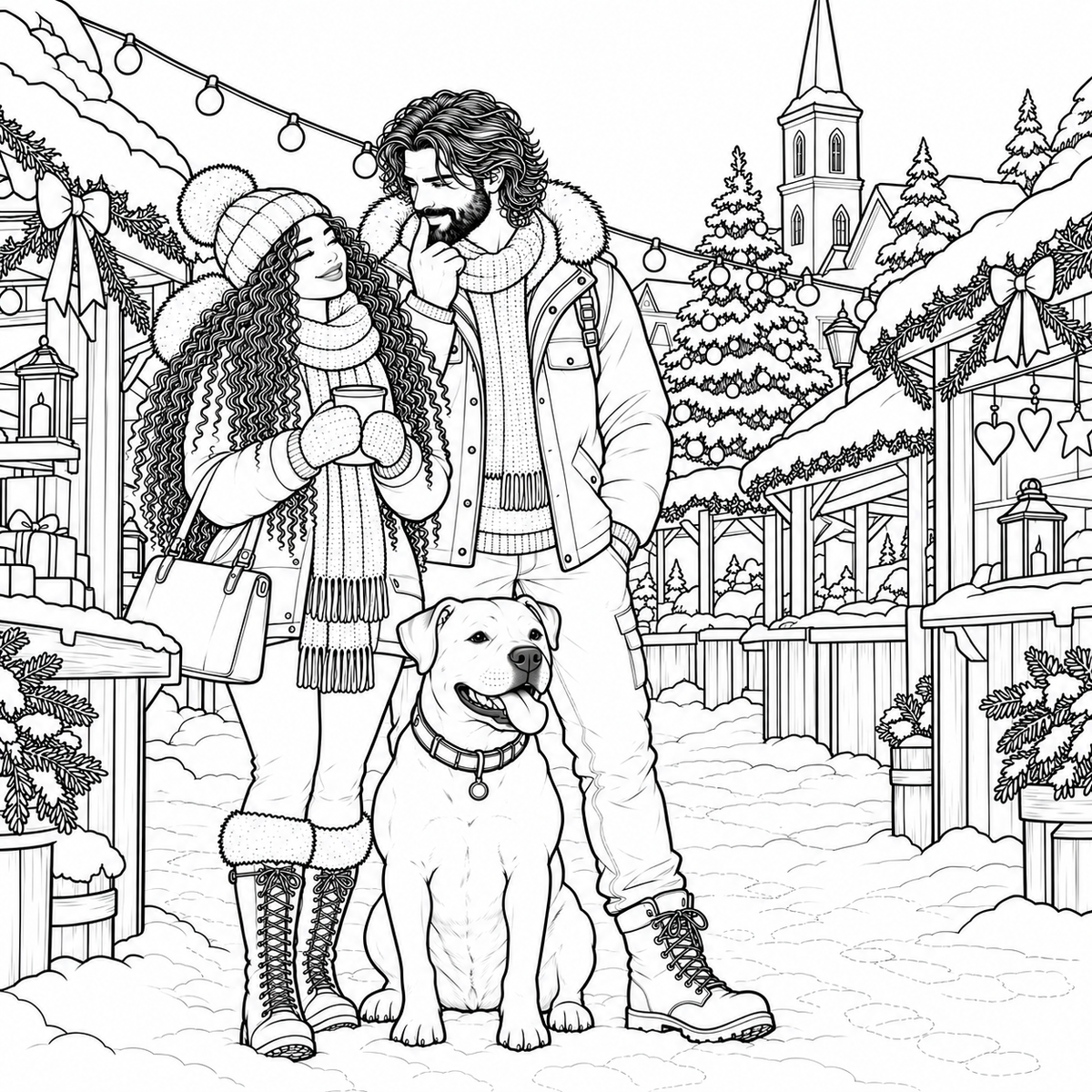 Black and white line art illustration of a couple and their dog standing in a snowy Christmas market street, with decorated stalls, trees, and a church steeple in the background.
