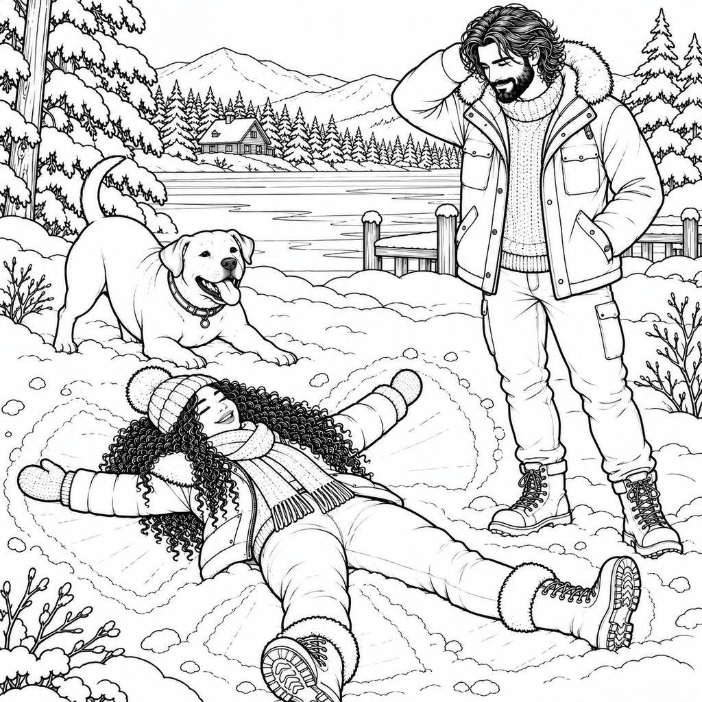 Black and white line art illustration of a man, a woman, and a dog in a snowy outdoor winter scene with mountains and trees in the background.
