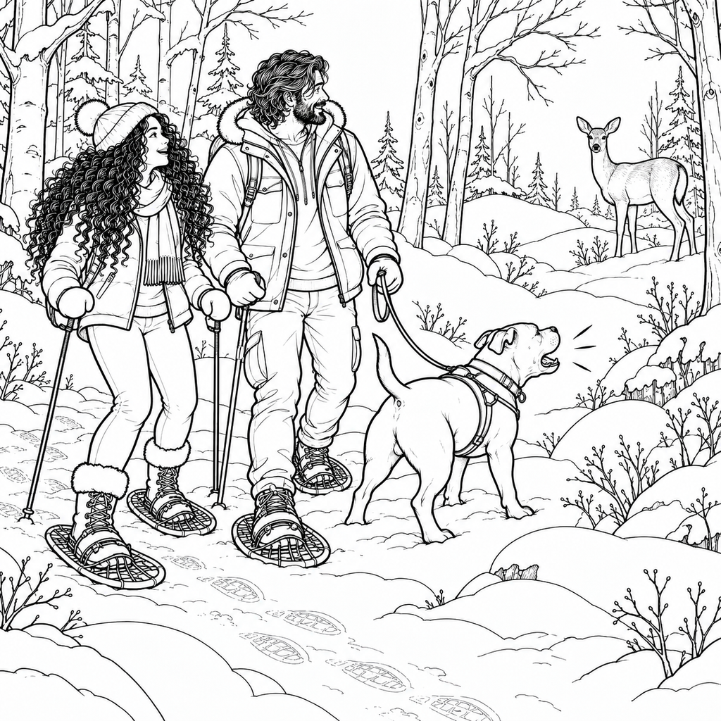 Black and white line art illustration of a couple in winter clothing and snowshoes hiking in the snow with a dog, with a deer in the background among trees.