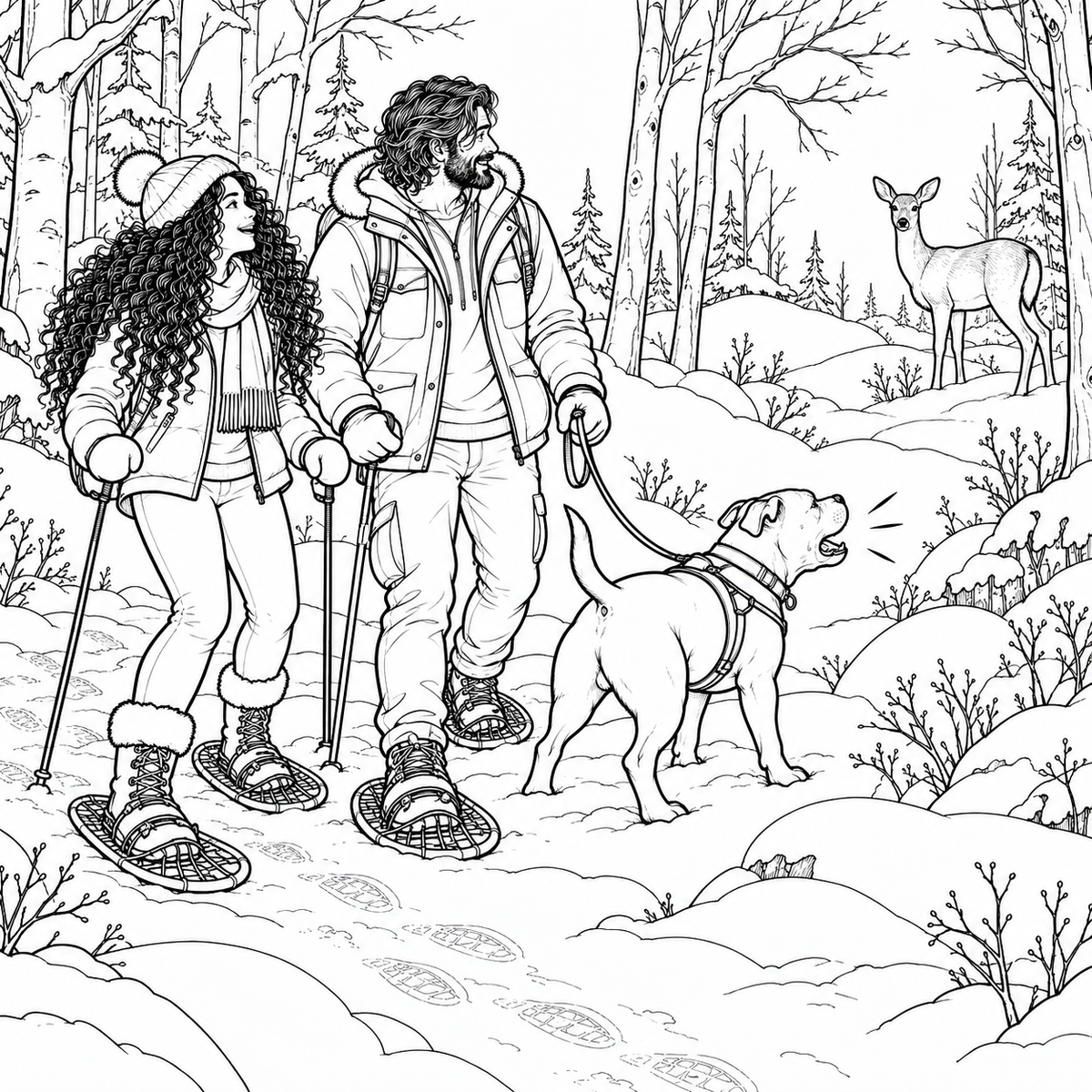 Black and white line art illustration of a couple in winter clothing and snowshoes hiking in the snow with a dog, with a deer in the background among trees.