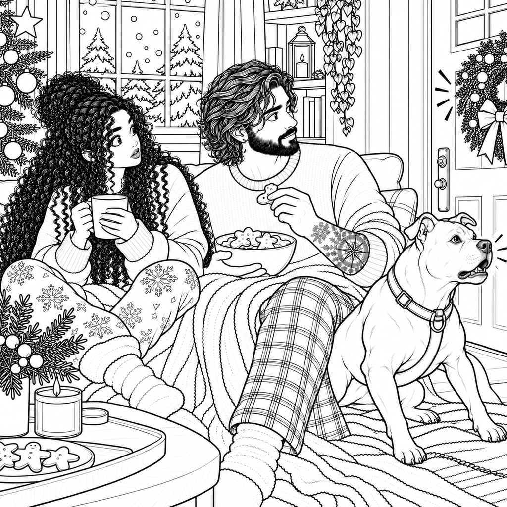Black and white line art illustration of a cozy Christmas living room scene, featuring a couple in pajamas sitting on a couch with a dog, holding mugs and popcorn, with a Christmas tree, wreath, and window in the background.