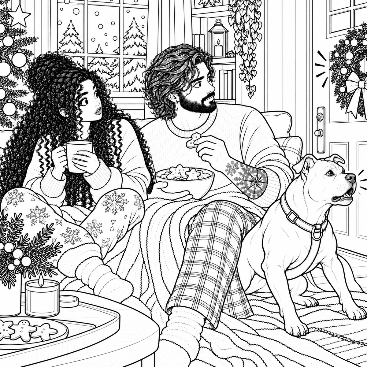 Black and white line art illustration of a cozy Christmas living room scene, featuring a couple in pajamas sitting on a couch with a dog, holding mugs and popcorn, with a Christmas tree, wreath, and window in the background.